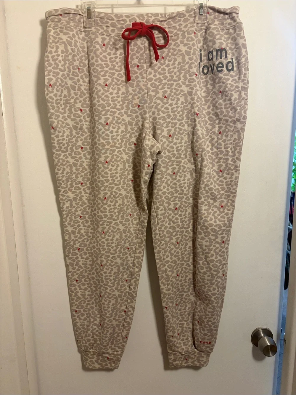 PEACE LOVE WORLD I Am Loved Leopard Print Jogger Pants with Hearts LARGE